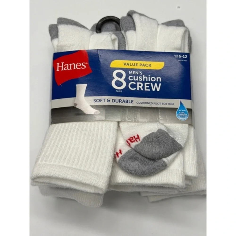Hanes Mens 8 Pack Cushion Crew‎ Socks White Grey Size 6-12 Soft Durable
